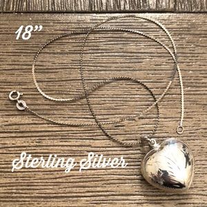 Sterling Silver Etched Puffy Heart Charm Chain 18”